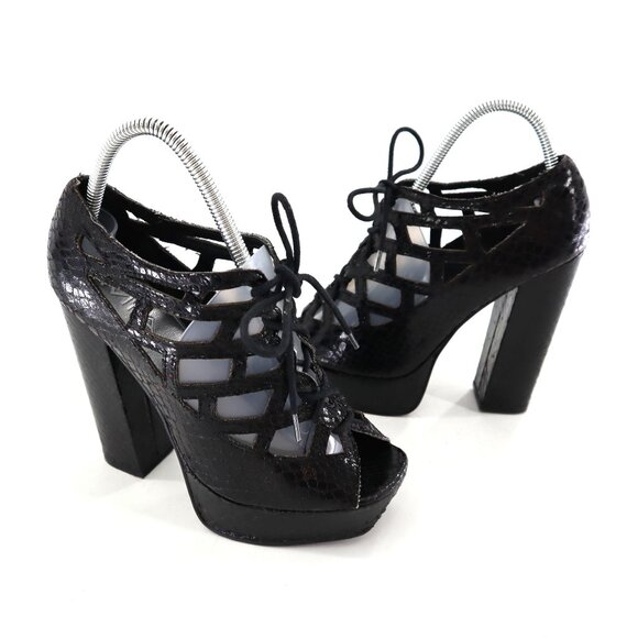 Mia Gilly Platform Heels Womens 8M Black Y2K Strappy Snakeskin Edgy Clubbing 90s - Picture 1 of 11